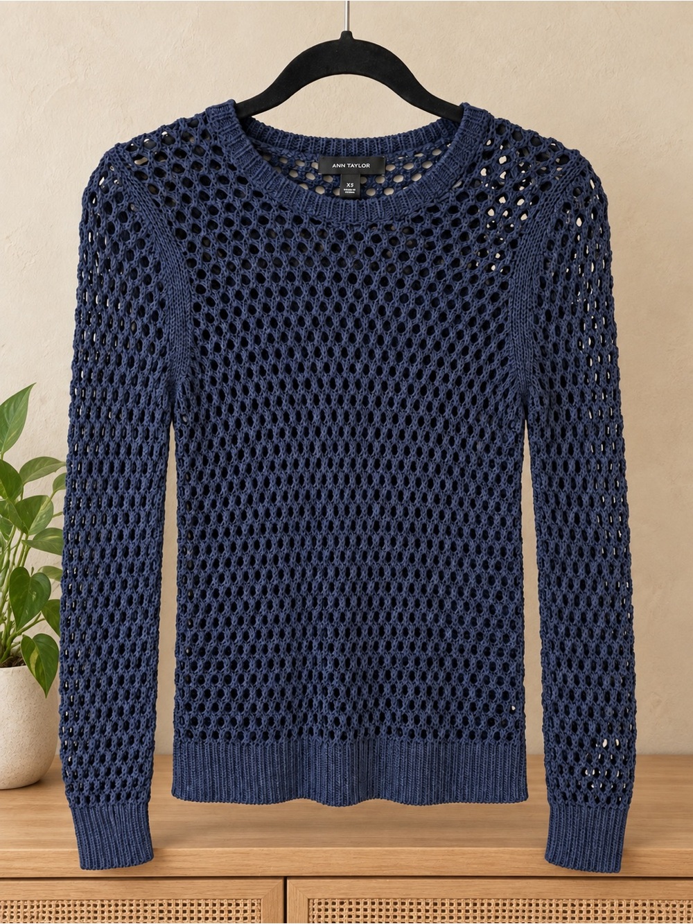 Ann Taylor Navy Open-Knit Crochet Sweater Size XS